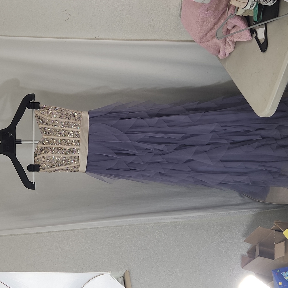 Nights by Teeze Me Purple Jeweled Ruffled Long Formal Dress SZ 1/2